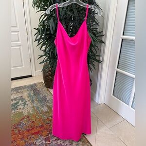 Hot Pink Satin-Feel Slip Dress With Draped Neckline.